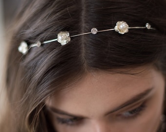 BRIAR HEADBAND SILVER, Dainty Bridal Metal Rose Pearl & Crystal Thin Boho Crown Jeweled Tiara Beaded Delicate Floral Headpiece Flower Wreath
