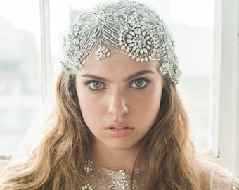 Juliet Cap Wedding Veil Beaded Bridal Veil Art Deco Headpiece Crystal Embellished Veil Vintage Gatsby Hair Accessory Jeweled 1920s, DAISY