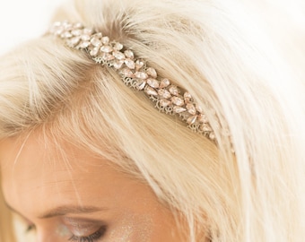 SUMMER HEADPIECE- BLUSH, Bridal Crystal Beaded Gold Lace Headband Rhinestone Delicate Jeweled Vine Applique Boho Hair Jewelry Hairband