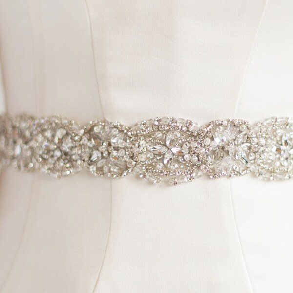 AMY Bridal Belt- Silver, Long Wedding Sash Crystal Cluster Beaded Art Deco Rhinestone Ornate Applique Vintage Jeweled Scallop Narrow Trim
