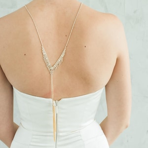 Gold Back Necklace Long Back Drop Necklace for Low Back Wedding Dress Crystal Lariat Necklace Chain Tassel Statement Necklace Bride CAROLINE
