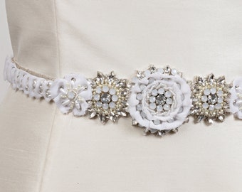 PARSONS WHITE Bridal Sash Floral Wedding Belt, White Opal Crystal Jeweled 3D Fabric Petal Applique Dainty Rhinestone Beaded Boho Glam Trim