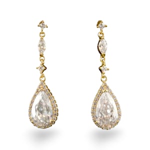 Gold Earrings Long Dangle Crystal Earrings Tear Drop Art Deco Chandelier Earrings Cubic Zirconia Elegant Bridal Earrings Bridesmaid, BIJOU