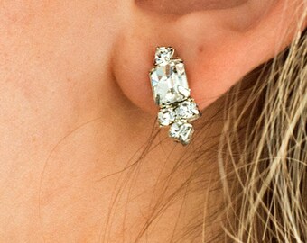 Crystal Stud Earrings Art Deco Emerald Cut Silver Bridal Earrings Rhinestone Drop Earrings Cubic Zirconia Small Post Wedding Earrings, EVAN