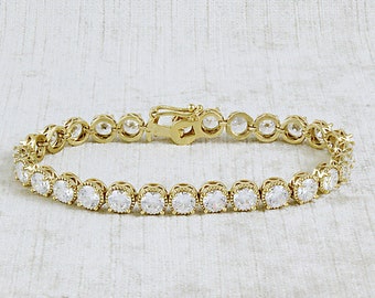 TORI- GOLD, Cubic Zirconia Bridal Tennis Bracelet Dainty Beveled Ornate Edge Setting Rhinestone Cuff Simple Vintage Crystal Wedding Jewelry