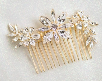 SCARLETT HAIR COMB- Gold, Bridal Crystal Floral Vine Headpiece Dainty Boho S-Shape Rhinestone Delicate Jeweled Evening Wedding Accessories