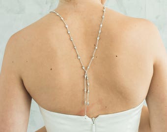 Bridal Back Necklace Dainty Crystal Necklace Wedding Choker Necklace Long Dangle Necklace Rhinestone Statement Necklace for Bride, EMERSON