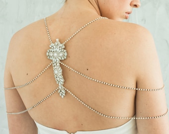 Bridal Shoulder Necklace Crystal Wedding Shoulder Jewelry Rhinestone Chain Body Jewelry Jeweled Bridal Cape White Opal Back Necklace, SIMONE