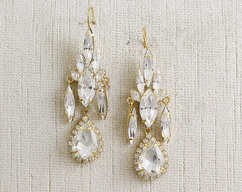 THALIA EARRINGS- Goold, Bridal Crystal Cluster Art Deco Pave Teardrop Dangle Chandelier Chunky Rhinestone Leaf Drop Vintage Wedding Jewelry