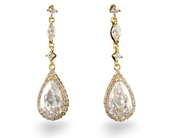 Gold Earrings Long Dangle Crystal Earrings Tear Drop Art Deco Chandelier Earrings Cubic Zirconia Elegant Bridal Earrings Bridesmaid, BIJOU