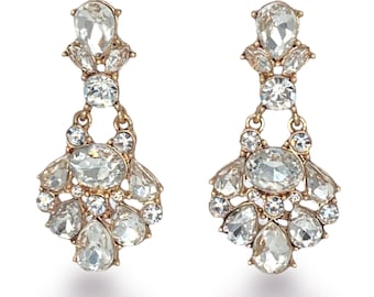 Gold Wedding Earrings Art Deco Chandelier Bridal Earrings Vintage Rhinestone Dangle CZ Long Drop Earring Glam Jewelry for Bride, EA0016GD