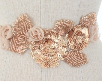 Rose Gold Bridal Belt Floral Bridal Belt Blush Pink Wedding Sash Beaded Flower Belt Embroidered Vine Belt Boho Bridal Belt for Bride, JENNY