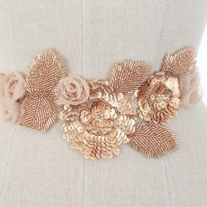 Rose Gold Bridal Belt Floral Bridal Belt Blush Pink Wedding Sash Beaded Flower Belt Embroidered Vine Belt Boho Bridal Belt for Bride, JENNY