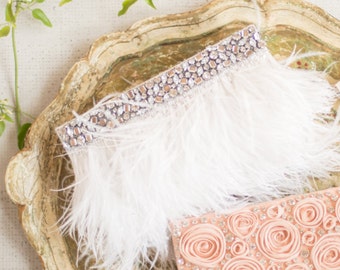 NAOMI OFF WHITE Clutch, Feather & Crystal Embellished Bridal Handbag Wedding Purse Silver Rhinestone Art Deco Vintage Beaded Evening Bag