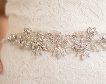 VICTORIA IVORY Wedding Belt Bridal Sash Organza Flower Crystal Beaded Applique Rhinestone Leaf Vintage Jeweled Vine Boho Delicate Tulle Trim