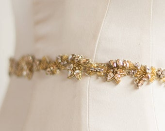 Gold Bridal Sash Vine Applique Wedding Belt Beaded Leaf Trim Wedding Dress Belt Floral jeweled applique Embroidered Rhinestone Leaves, LANEN