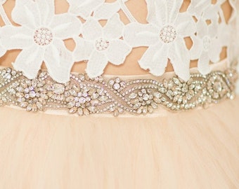 MARTHA BLUSH Wedding Belt, Long Bridal Sash Floral Crystal Beaded Metallic Embroidered Art Deco Applique Dainty Rhinestone Jeweled Boho Trim