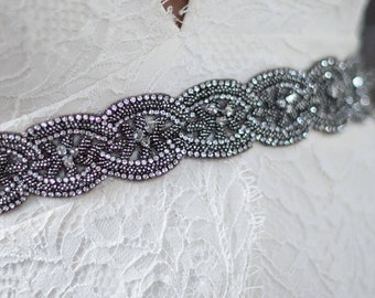 JEWEL Wedding Sash- Gunmetal, Bridal Belt Hand Beaded Crystal Cluster Cut Out Scallop Edge Black Diamond Applique Art Deco Statement Trim