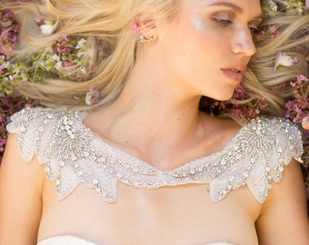 Camilla Christine MYRA SALE Bridal Cover-up Beaded Wedding Shoulder Necklace Cape Scallop Ornate Embellished Silver Crystal Capelet Jacket