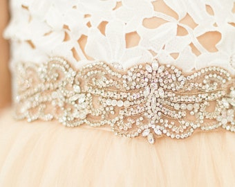 HAILEE BRIDAL SASH- Blush, Wedding Belt Vintage Scallop Crystal Embellished Hand Beaded Rhinestone Boho Applique Art Deco Jeweled Wide Trim