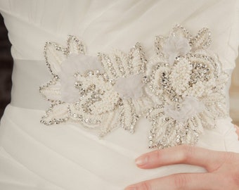 HARLOW SASH- Off White, Floral Wedding Belt Bridal Vintage Beaded Ivory Organza Flower Applique Crystal Leaf Vine Jeweled Boho Delicate Trim