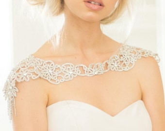 Collar de novia con cuentas de cristal, capa de boda con joyas, bolero de ganchillo, capa con flecos de diamantes de imitación, estilo art déco, SHAILENNE