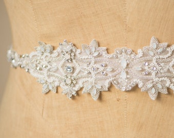 ALIDA Wedding Belt- Silver, Bridal Sash Delicate Beaded White Opal Crystal Boho Applique Thin jeweled Rhinestone Vintage Art Deco Long Trim
