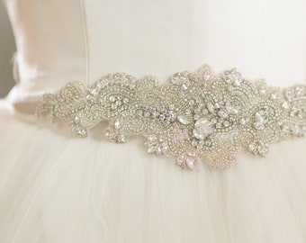 Crystal Jeweled Bridal Sash Beaded Silver Belt for Wedding Dress Vintage Embellished Applique Art Deco Trim for Bridal Gown Rhinestone, ELSA