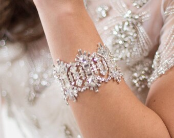 Wide Rhinestone Cuff Bracelet Art Deco Bridal Bracelet Crystal Wedding Bracelet CZ Jeweled Vintage Bangle Glam Evening Jewelry Bling, GLORIA