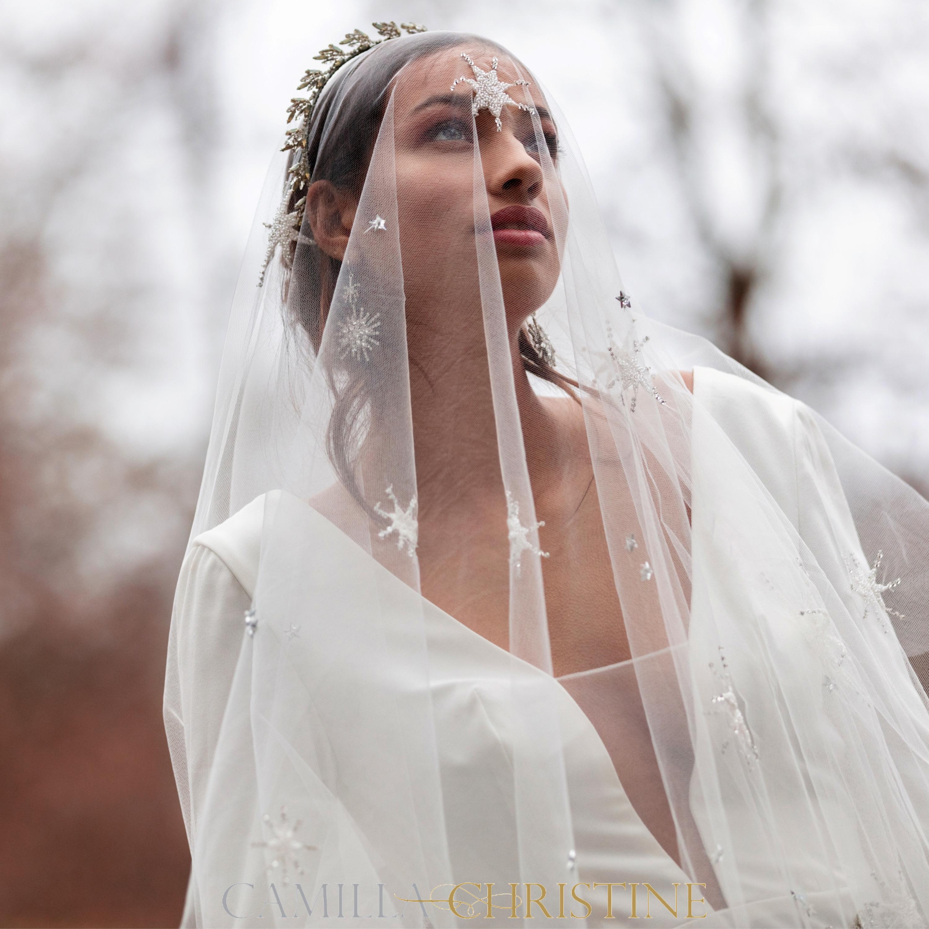 Her lip to Crystal Veil Blouson ホワイトM Embellished and embroidered trimmed Star Flower bridal veil
