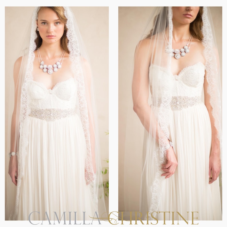 Chantilly Lace Veil Mantilla Wedding Veil Eyelash Lace Trim Bridal Veil Cathedral Scallop Lace Edge Spanish Church Veil French Lace, LETITIA VEIL by Camilla Christine Wedding Veils