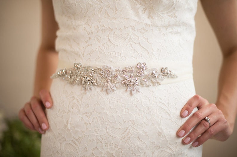 VICTORIA IVORY Wedding Belt Bridal Sash Organza Flower Crystal Beaded Applique Rhinestone Leaf Vintage Jeweled Vine Boho Delicate Tulle Trim image 1