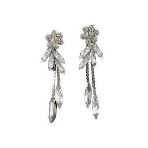 KENDAL EARRINGS- SILVER, Bridal Crystal Ear Jacket Chandelier Chain Dangle Floral Rhinestone Post Dainty Cluster Boho Art Deco Flower Vine