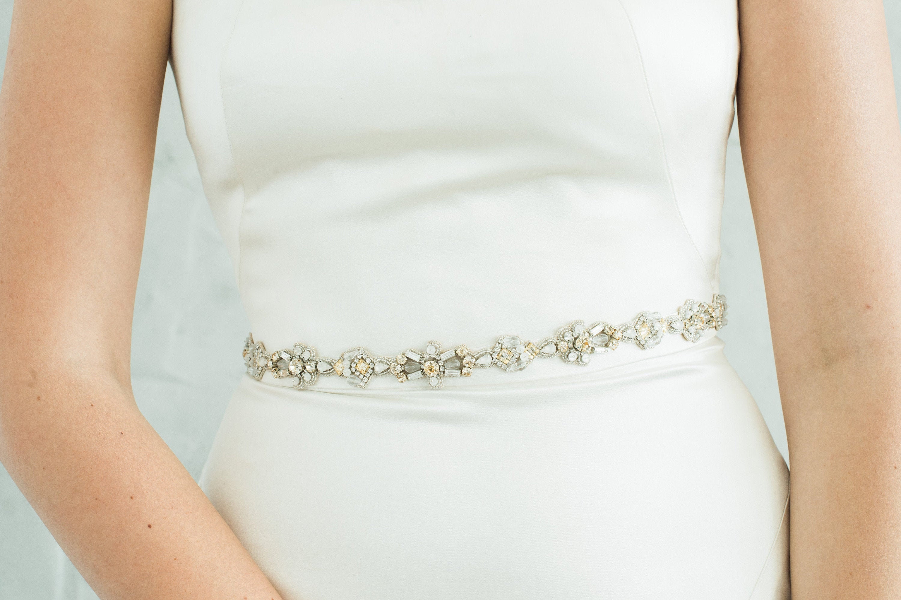 ENA SILVER/ GOLD Bridal Sash, Thin Crystal Wedding Belt White Opal Silk Baguette Rhinestone Art Deco Skinny Applique Boho Glam Jeweled Trim