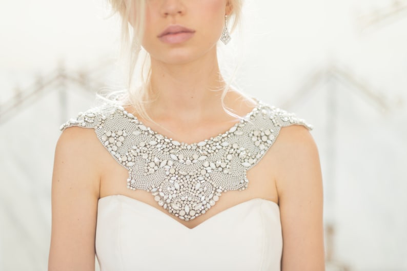 OPHELIA SILVER, Bridal Shoulder Necklace Wedding Cape White Opal Rhinestone Beaded Trim Back Neck Capelet Vintage Art Deco Statement Bib image 8