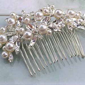 ODETTE- Silver, Bridal Hair Comb Swarovski Crystal Pearl Cluster Headpiece Vintage Jeweled Floral Vine Rhinestone Beaded Boho Brooch Clip