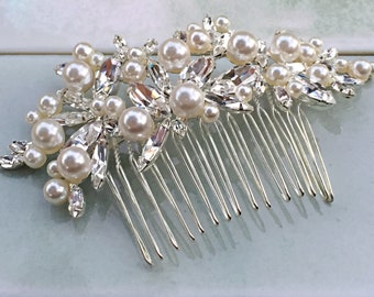 ODETTE- Silver, Bridal Hair Comb Swarovski Crystal Pearl Cluster Headpiece Vintage Jeweled Floral Vine Rhinestone Beaded Boho Brooch Clip