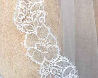 Floral Chantilly Lace Trim for Wedding Veil Scalloped Lace French Eyelash Edge Lace Trim Ivory Fabric by the Yard Flower Lace Swatch, FLEUR
