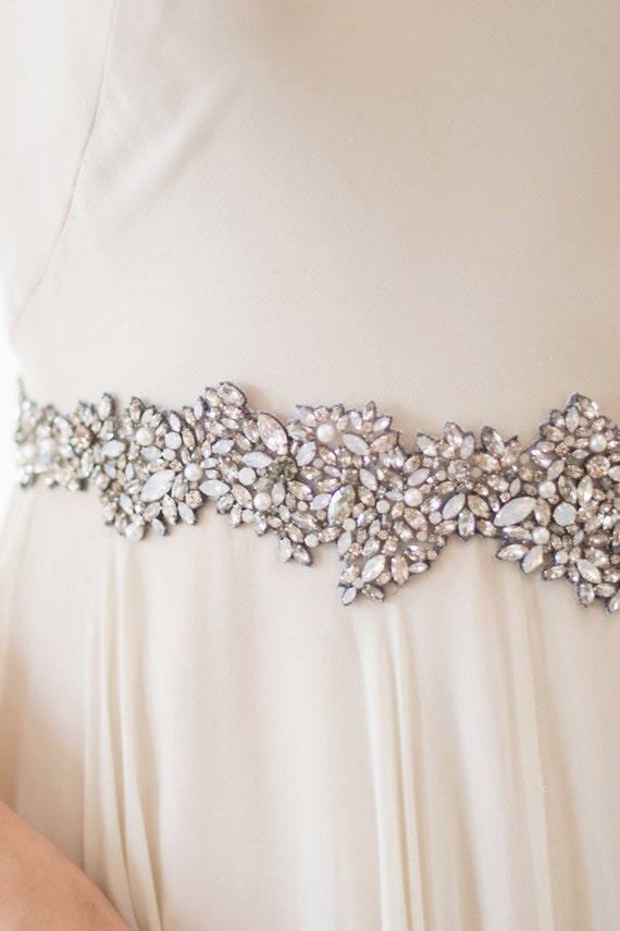 BLOSSOM Bridal Belt- Gunmetal, Beaded Wedding Sash White  display picture 3