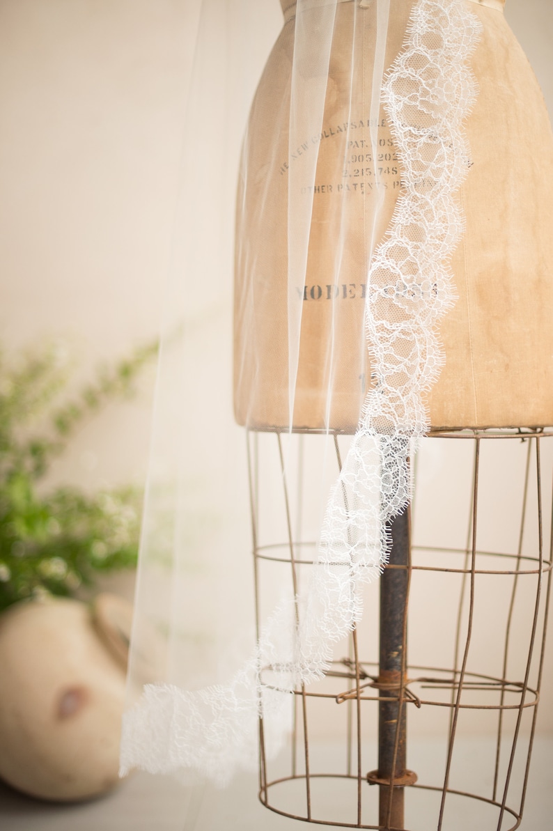 French Chantilly Lace by the Yard Fabric Swatch for Bridal Veil Off White Eyelash Edge Lace Delicate Scallop Lace Trim, LETITIA LACE by Camilla Christine Wedding Accessories