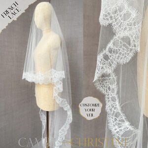 Lace DROP VEIL Chantilly Lace Blusher Veil Scallop Lace Edge Elbow Veil Eyelash Lace Trim Cathedral Veil 2 Tier French Lace Wedding, LETITIA