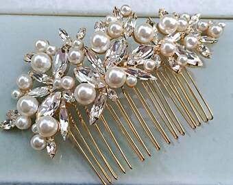 ODETTE- GOLD, Bridal Hair Comb Swarovski Crystal Pearl Cluster Headpiece Vintage Jeweled Floral Vine Mix Rhinestone Beaded Boho Brooch Clip