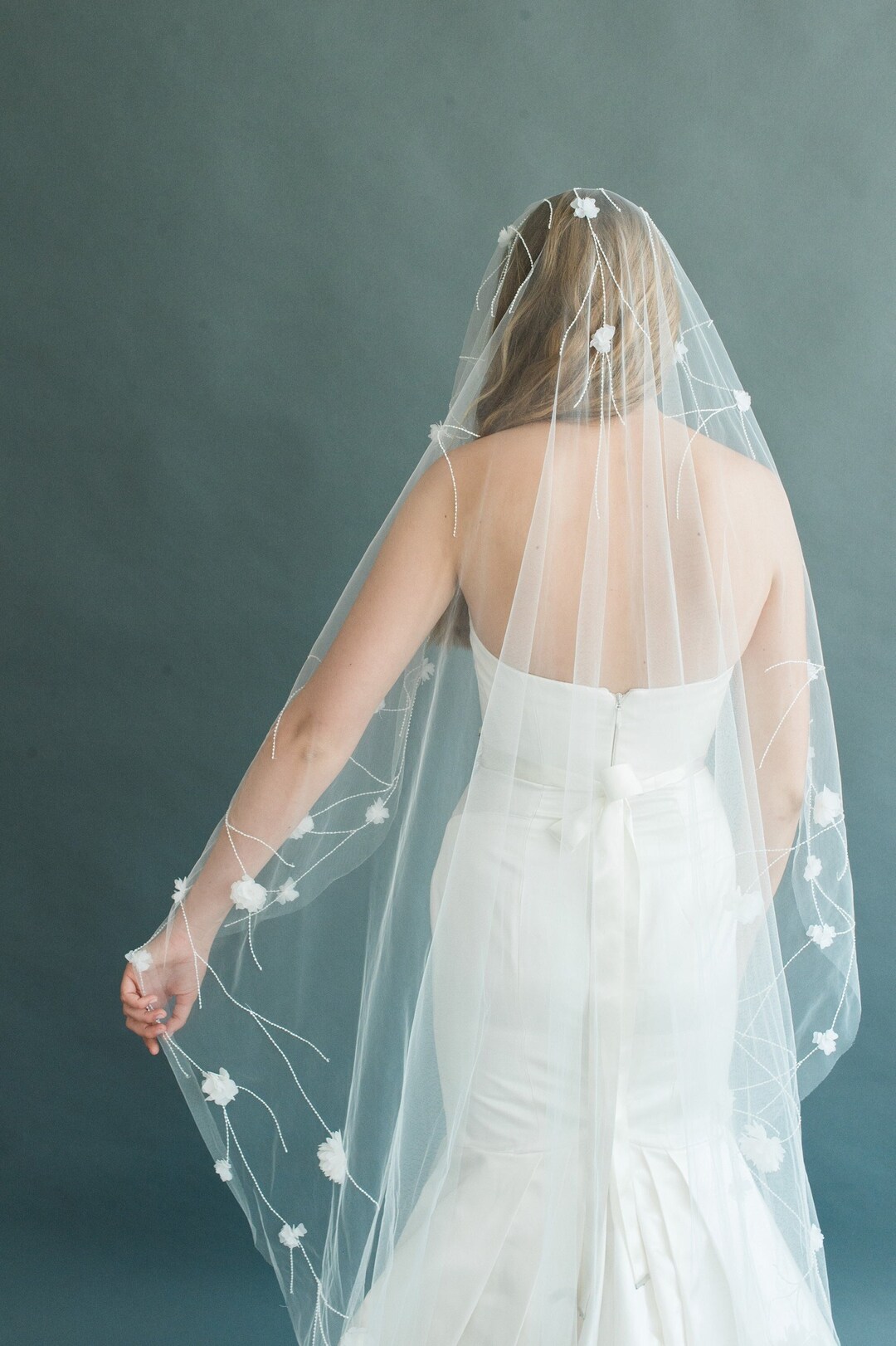 Beaded Floral Edge Chapel Veil