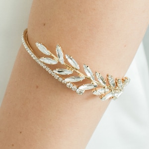 Bridal Arm Cuff Crystal Art Deco Bracelet Rhinestone Vine Bangle Silver Dainty Arm Band Boho Arm Cuff Jeweled Leaves Wedding Cuff, LAVINIA