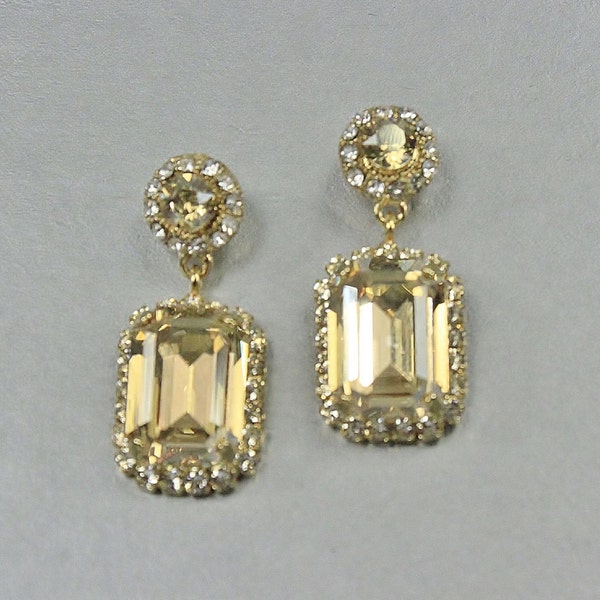 SALE Gold Bridal Earrings Wedding Jewelry, Art Deco Swarovski Crystal Emerald Cut Pave Drop Old Hollywood Dangle, Camilla Christine GINA