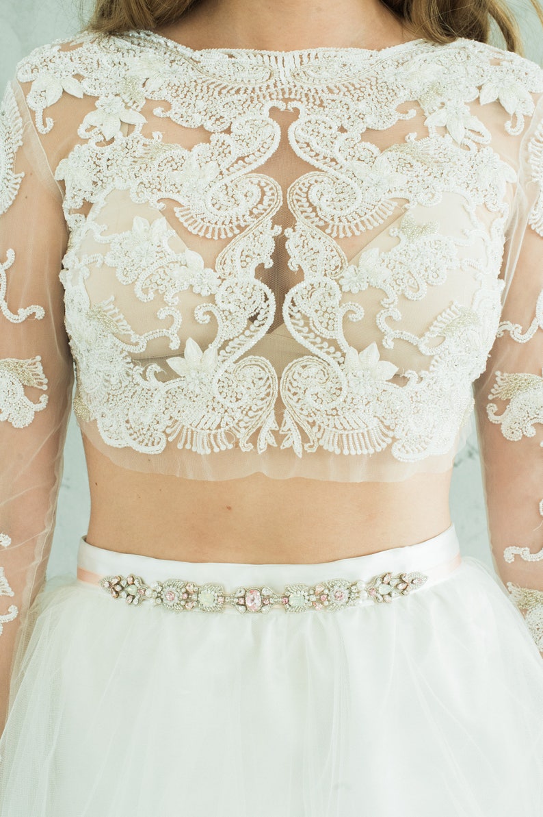 Bridal Cover Up Wedding Crop Top Long Sleeve Beaded Chantilly Etsy