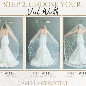 Veil Width Guide Chart – Wedding Veil Width Reference for Custom Bridal Veils. Includes 54-inch wide veils for a narrow, subtle look, 72-inch wide veils for medium average fullness that slightly covers the arms, and 108-inch wide veils for dramatic fullness that can completely wrap around the body—ideal for ball gowns. Perfect for brides selecting their ideal veil width. Custom veils available from Camilla Christine Bridal Accessories Shop for the perfect wedding day look.