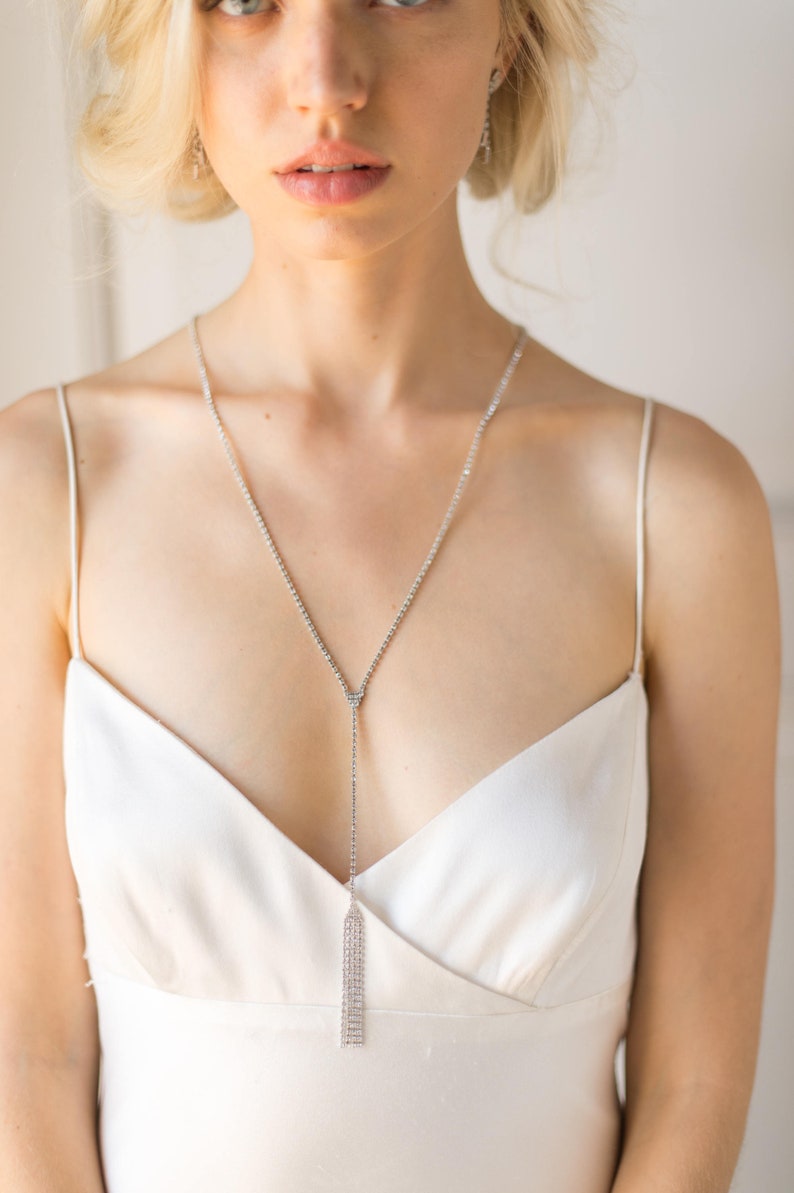 Bridal Back Necklace for Open Back Wedding Dress Silver Crystal Back Drop Necklace Long Delicate Rhinestone Backless Dress Necklace, ROXANNE NECKLACE by Camilla Christine Bridal Accessories Wedding Jewelry Bridal Style Inspiration Trends for Bride