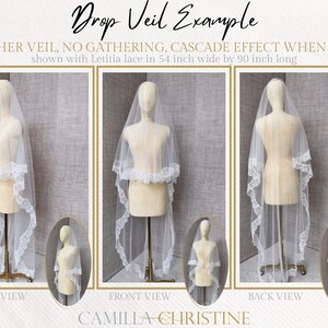 Drop Lace Veil – Elegant Chantilly Lace Drop Veil with scalloped lace edge and delicate eyelash trim. Features a soft blusher for a romantic two-tier effect. This French lace circle veil drapes beautifully for a timeless bridal look. A bespoke heirloom wedding veil by Camilla Christine, perfect for classic and modern brides. Custom lace wedding accessory for an unforgettable wedding day.