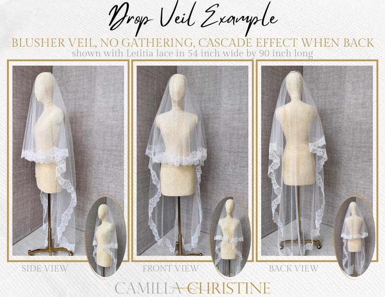 Drop Lace Veil – Elegant Chantilly Lace Drop Veil with scalloped lace edge and delicate eyelash trim. Features a soft blusher for a romantic two-tier effect. This French lace circle veil drapes beautifully for a timeless bridal look. A bespoke heirloom wedding veil by Camilla Christine, perfect for classic and modern brides. Custom lace wedding accessory for an unforgettable wedding day.